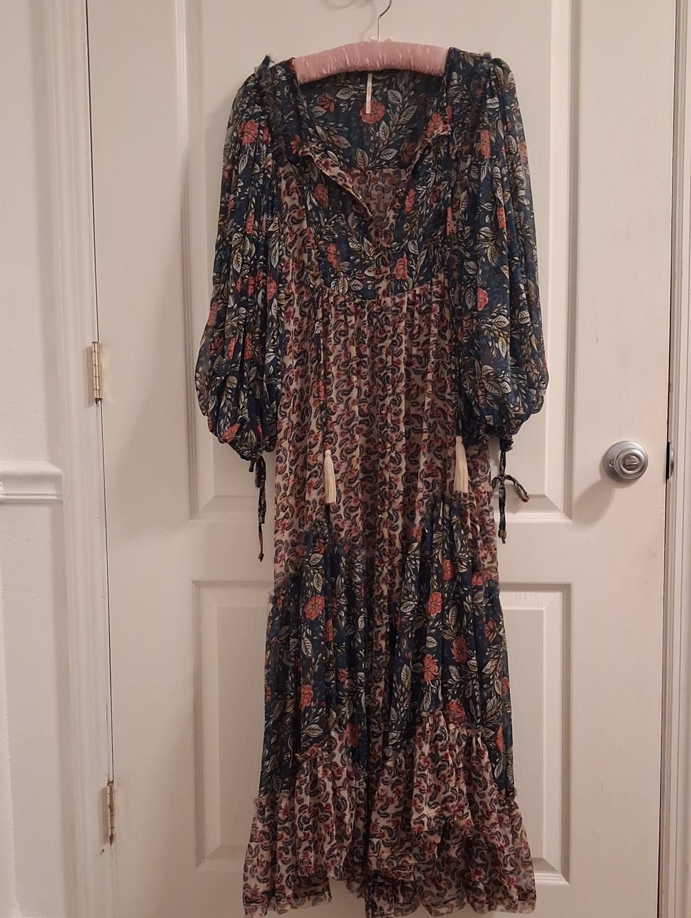 Free People Floral Tiered Maxi Dress in Navy, Beige and Rose